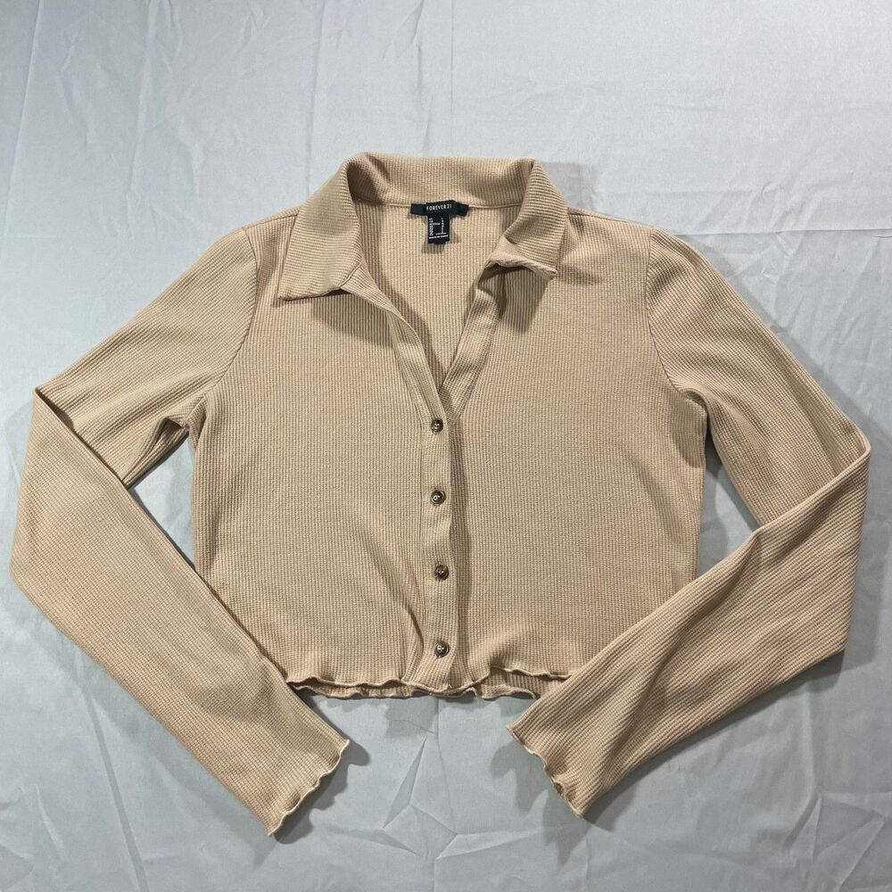 Forever 21 Button Front Cardigan Long Sleeve Collared Sweater Brown Women Size L